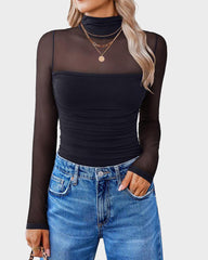 Figurformender Damen-Body mit langen Ärmeln und Rollkragen