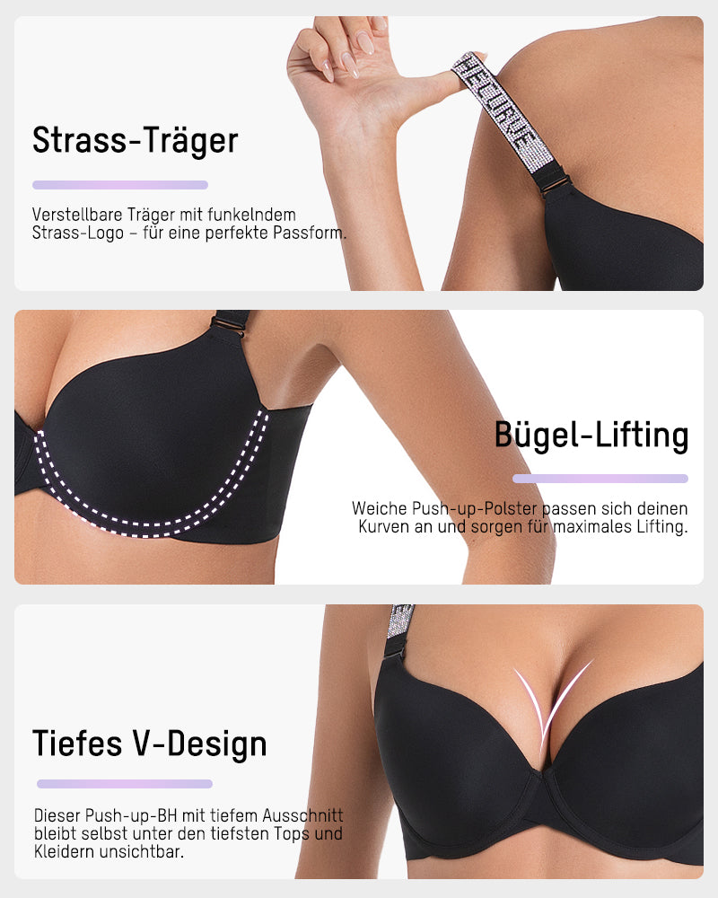 Tiefer V-Push-up-BH mit Bügel und Strass-Trägern