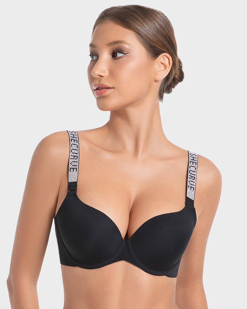 Tiefer V-Push-up-BH mit Bügel und Strass-Trägern