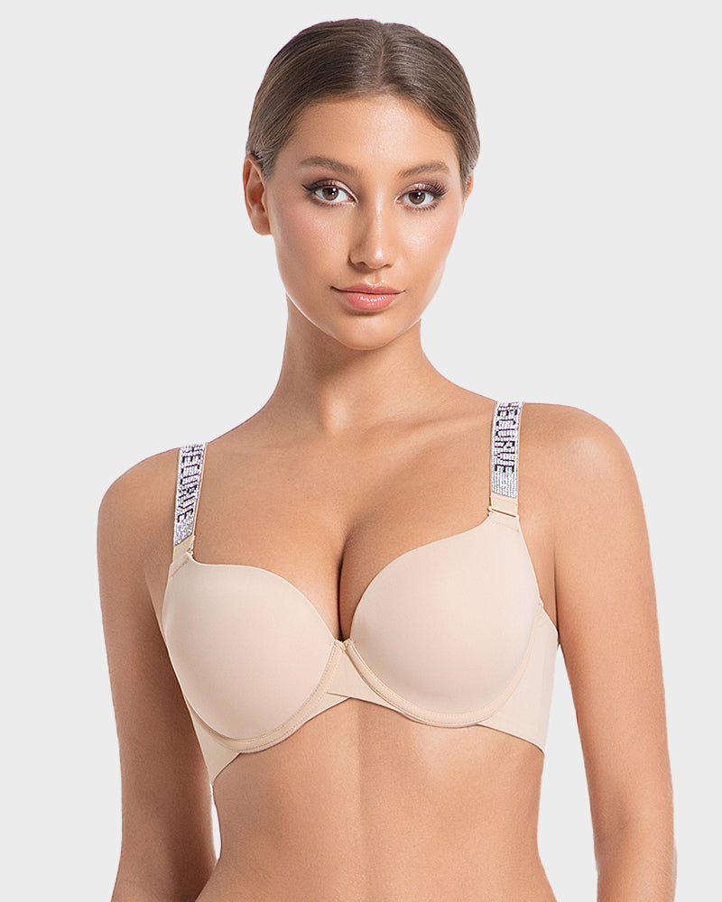 Tiefer V-Push-up-BH mit Bügel und Strass-Trägern