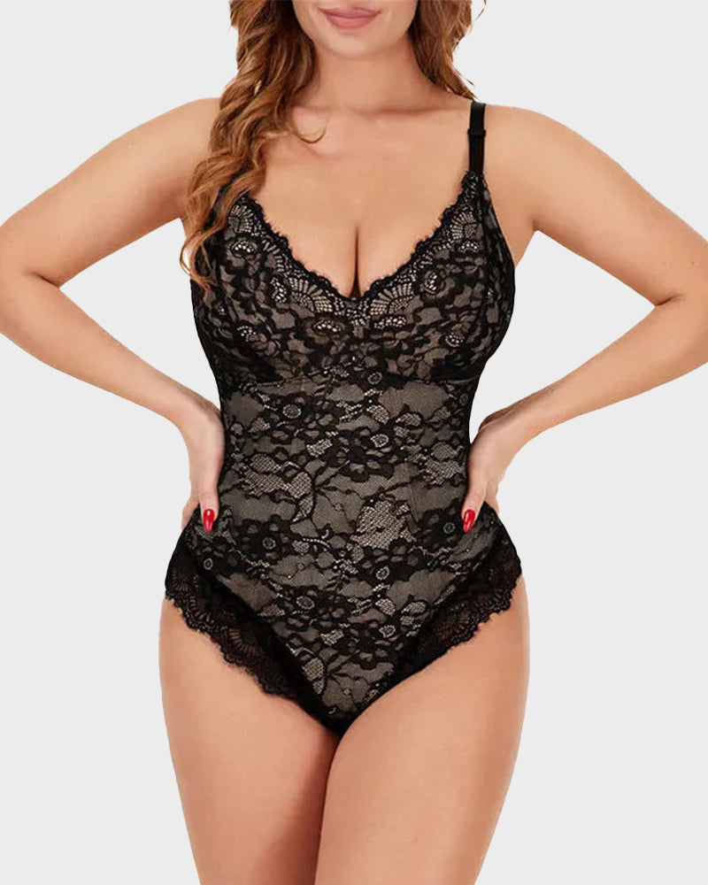 Figurformender Spitzen-Body mit tiefem V und Tanga-Design