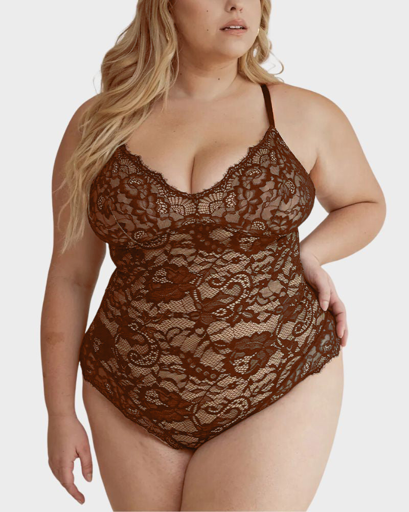 Figurformender Spitzen-Body mit tiefem V und Tanga-Design